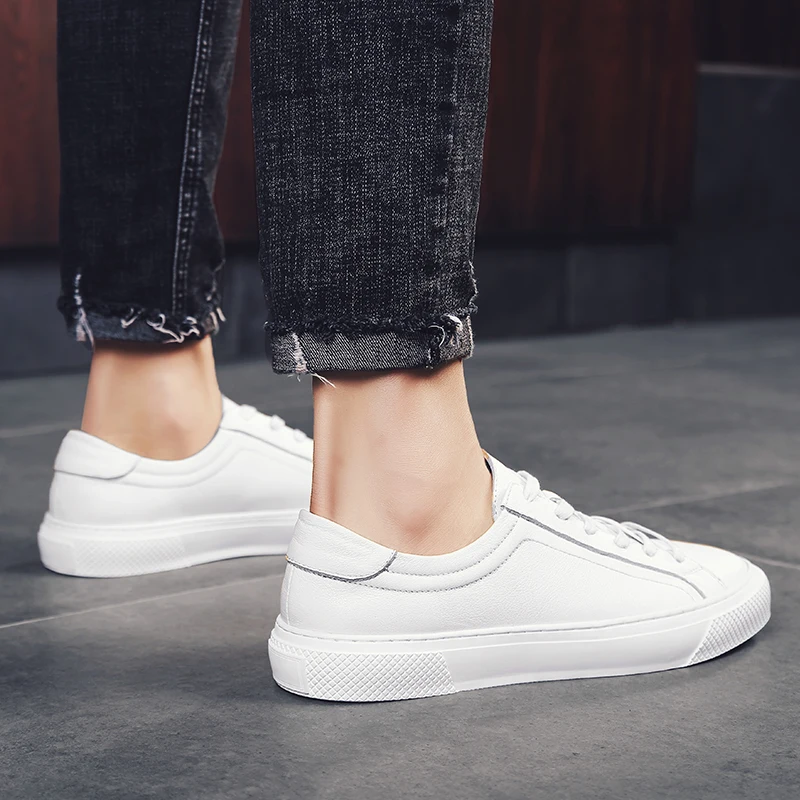 2022 New Men Shoes Leather Sneakers Walking Fashion Casual Footwear Lace-up Solid Male Comfortable Flats Yellow White Shoe | Обувь