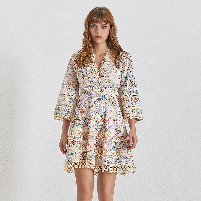Floral Dress TWOTWINSTYLE мини-платье с принтом, женское платье с v-образным вырезом и расклешенными рукавами, туника с высокой талией, драпированные платья, летняя Милая одежда - Цвет: Floral Dress