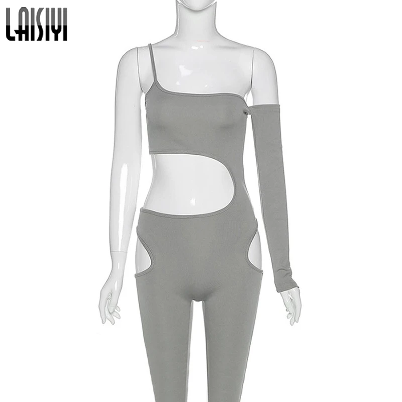 

LAISIYI 2020 One-shoulder Irregular Hollow Out Sexy Jumpsuit Summer Women Fashion Streetwear Outfits Bodycon Romper Skinny Body