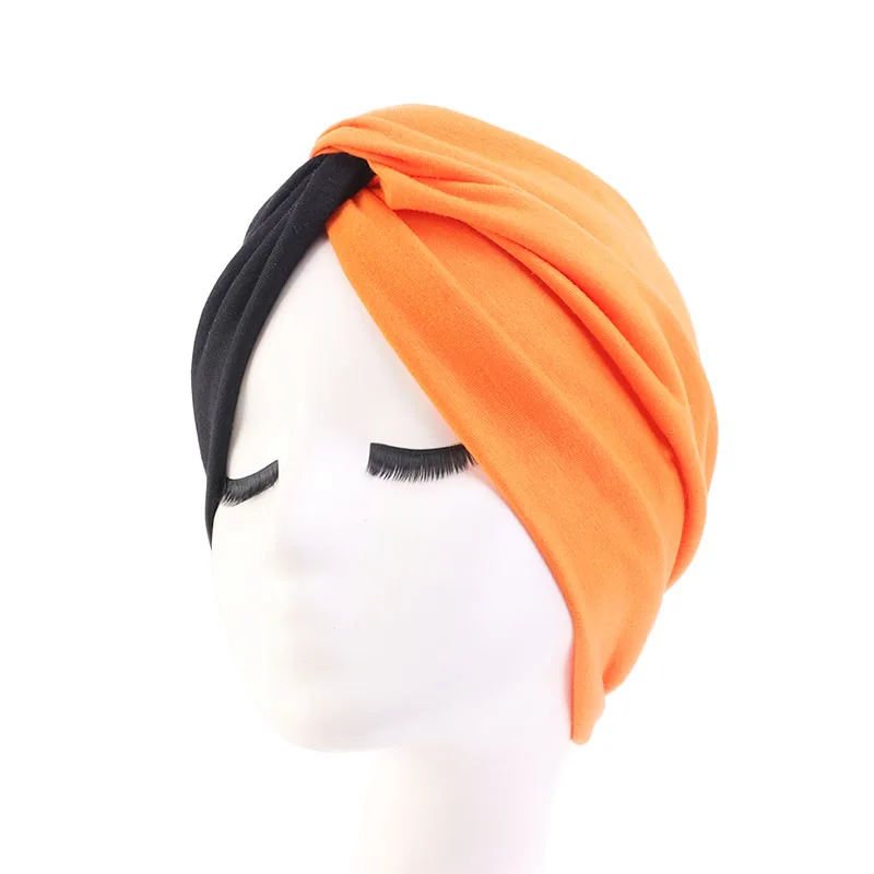 black and orange Новая модная женская тюрбан мягкая хлопковая перекрученная повязка на голову богемный тюрбан, головной платок Кепка chemo Бандана Хиджаб головной убор-тюрбан - Цвет: black and orange