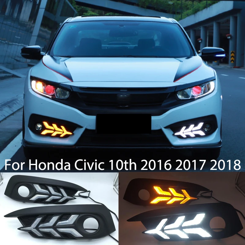 

1set For Honda Civic 10th 2016 2017 2018 LED DRL Daytime Running Light Daylight yellow turn Signal lamp