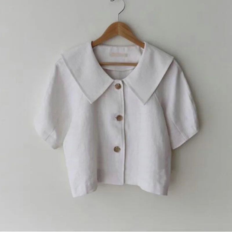 

Comelsexy 2020 New Summer Cotton And Linen Women Blouse Single Breasted Chic Short Sleeve Shirts Korean Style Blouse Tops Female