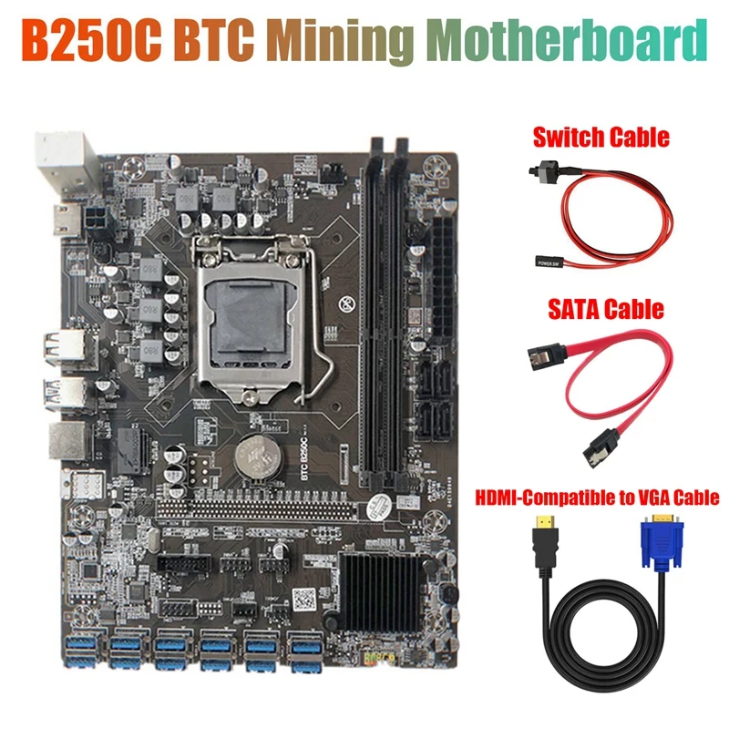 B250C Mining Motherboard with HD to VGA Cable+Switch Cable+SATA Cable 12 PCIE to USB3.0 GPU Slot LGA1151 Support DDR4