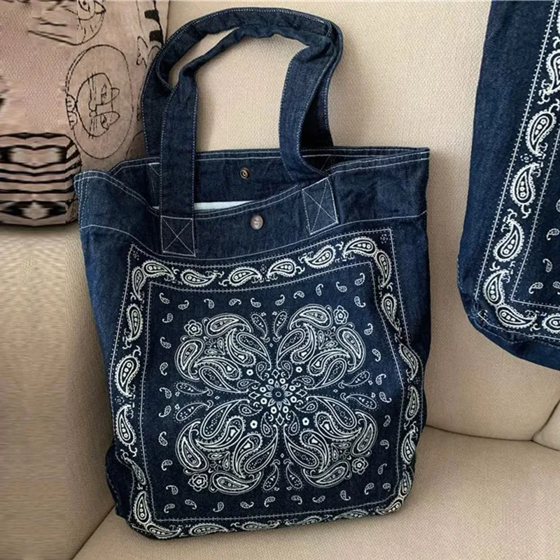 

Retro Cool Literary Cashew Flower Denim Washed One-piece Canvas Shoulder Bag Handbags Women Bags Large Capacity Tote