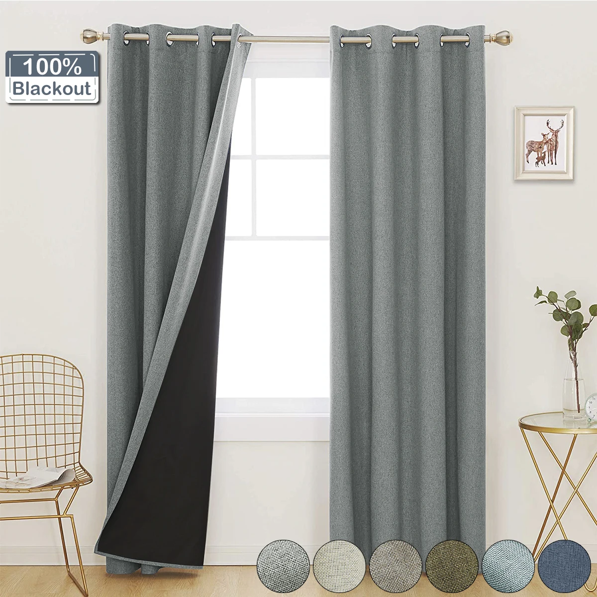 

100% Full Ligh Blackout Window Curtain Double Layer Thermal Insulated Bedroom Panels Grommet Blocking Black Line Curtain Decor
