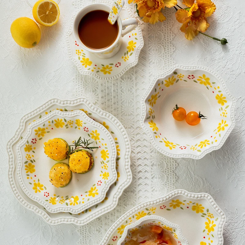 

Retro Floral Ceramic Dinner Plate Dishes Set French Romantic Emboss Tableware Bowl Coffee Cup Saucer Salad Fish Oval Plate