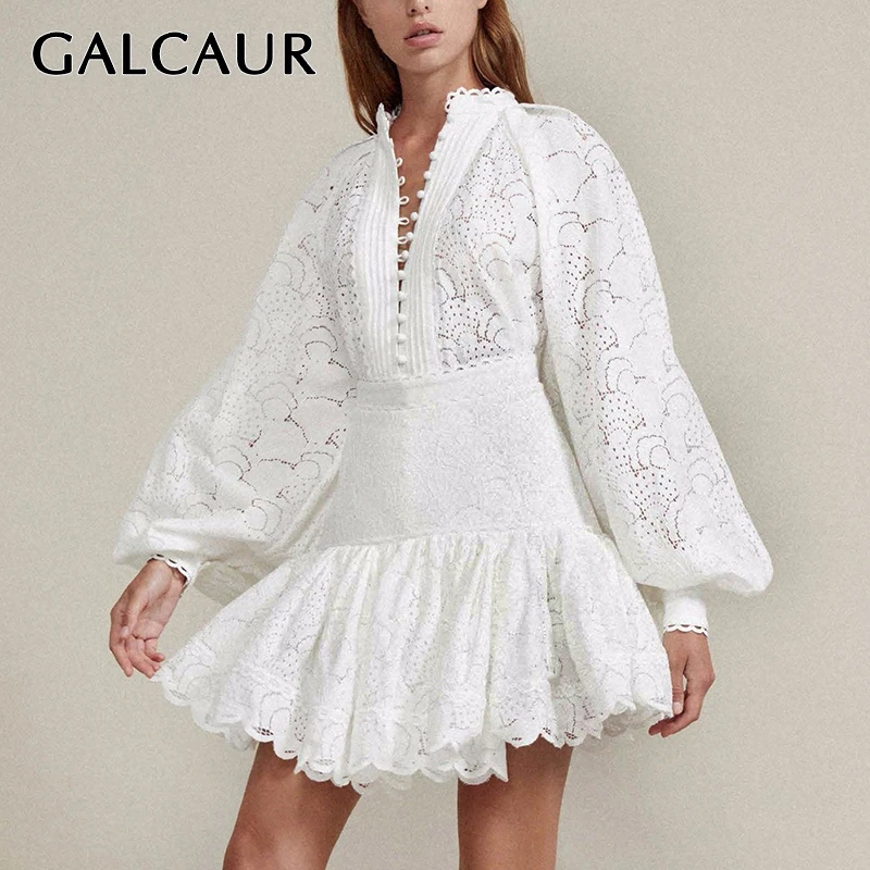 

Комплект из двух предметов GALCAUR Женский, пикантная ажурная рубашка и юбка, блузка с рукавами-фонариками, топ, кружевная Лоскутная юбка с завы...