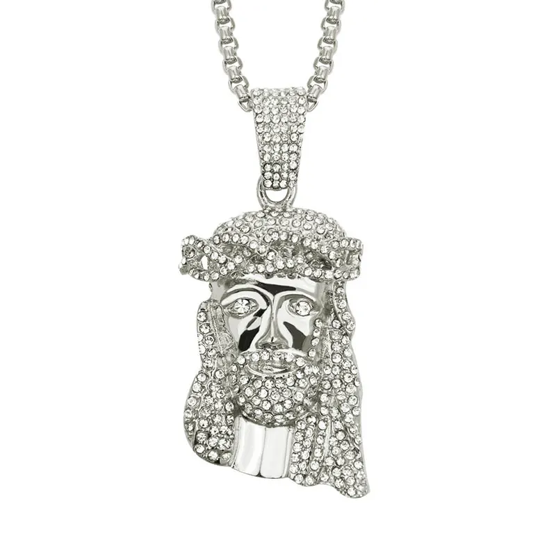 

Iced Out Crystal Gold Plated JESUS Head Hip Hop Pendant Necklaces With Chain For Men Women Jewelry