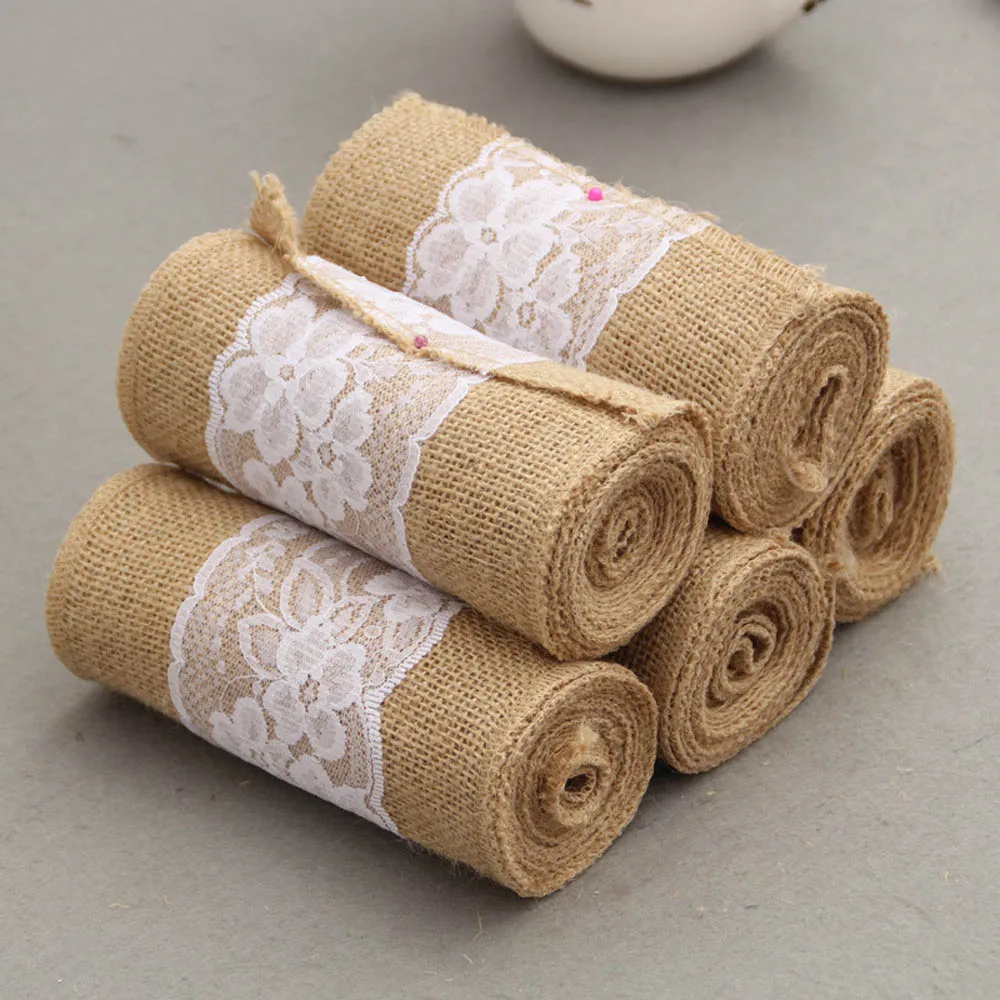 Europe Wedding Party Favor 10 Pieces 6&quotx96" Vintage Jute Fabric With White Lace Untied Bow Chair Sash Birthday Anniversary Decor | Дом и