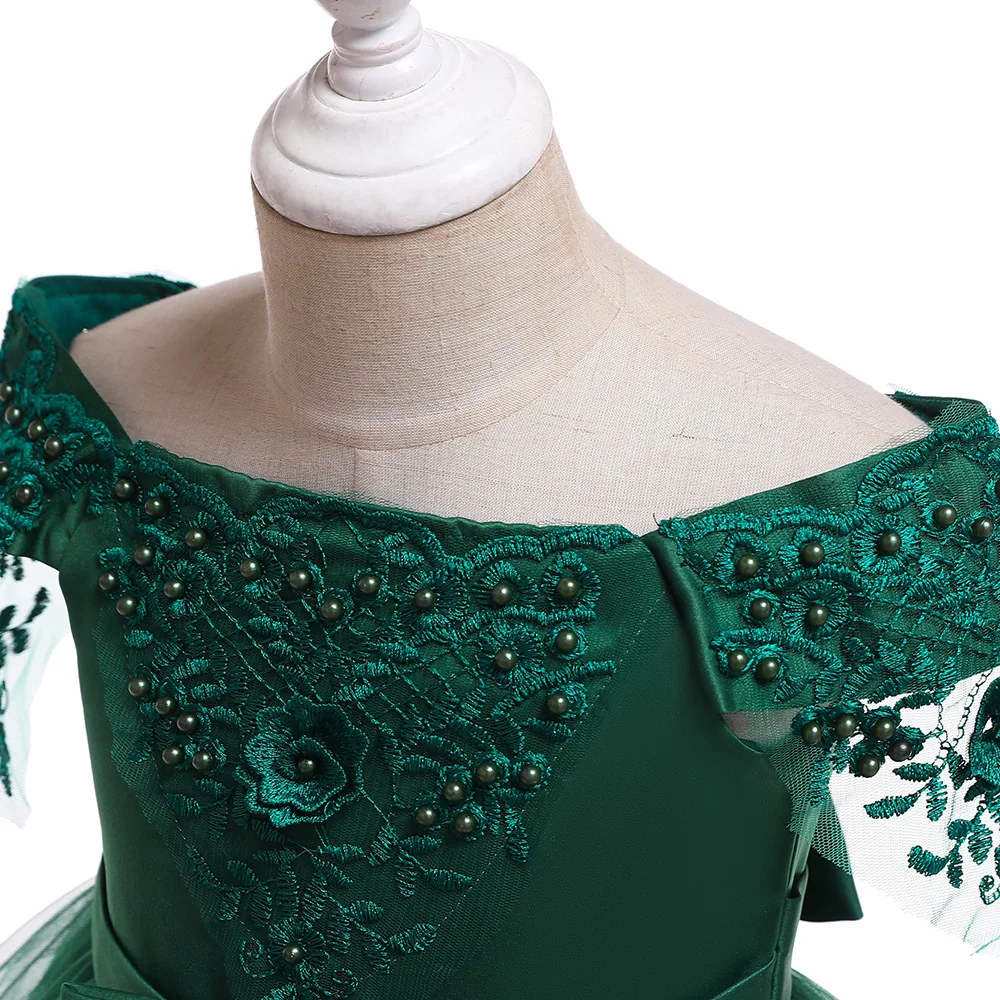 Children Beaded Puffed Evening Dress Girl Catwalk Party Wear Knee Length Blue Pink Grey Red Green Christmas Pageant | Детская одежда и