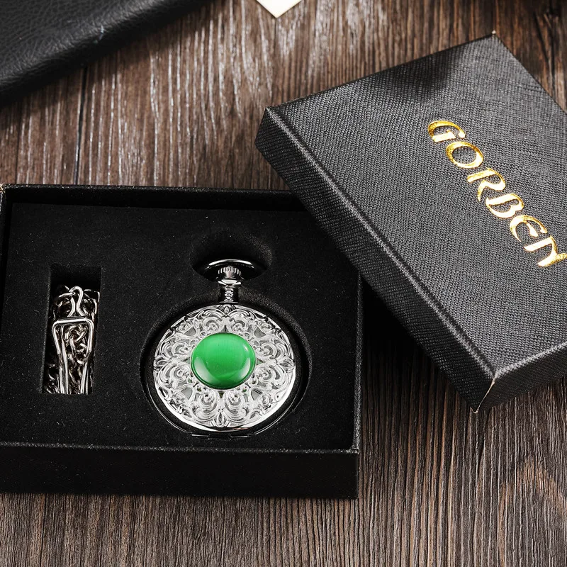 

Vintage Hand Winding Mechanical Pocket Watch Men Skeleton Watch Silver Steampunk Women Fob Chain Clock gemstone Imitation reloj