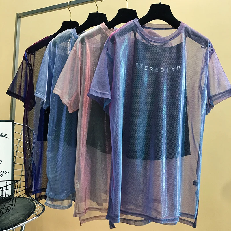 

Network red with purple mesh short sleeve T-shirt female summer 2019 new strange taste girl hip-hop clothes MA5