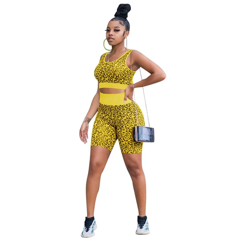 

Adogirl Leopard Print Slim Cotton Sport Suit for Women Casual Two Piece Set Fitness Tracksuit Cropped Vest Top High Waist Shorts