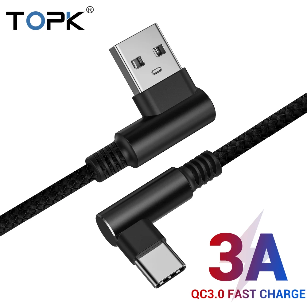 TOPK 90 usb-кабель для быстрой зарядки usb type C кабель 3а L-shape type-C мобильный кабель передачи данных телефона для samsung huawei Xiaomi