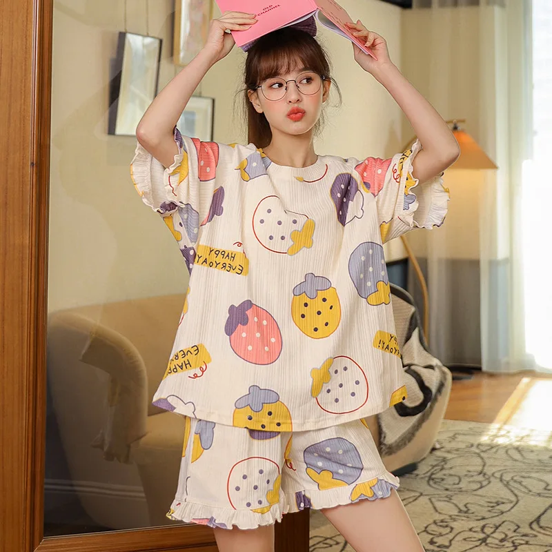 

Pajamas women summer cotton short-sleeved shorts home service summer cotton pajamas ladies loose plus size suit