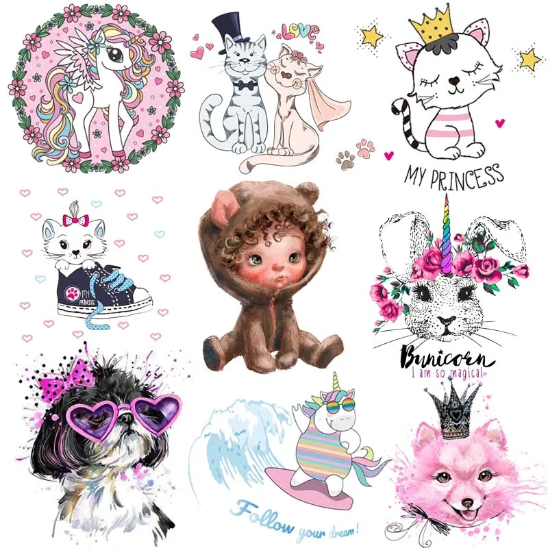 

Термонаклейки для детской одежды с мультяшными животными, кошка, единорог, термонаклейки для одежды