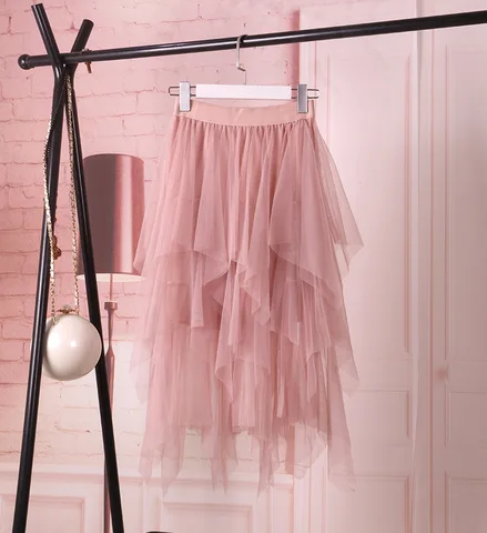 1 шт./лот, Женская Асимметричная фатиновая юбка, модная эластичная сетчатая юбка-пачка с высокой талией, плиссированные длинные юбки (хорошо)