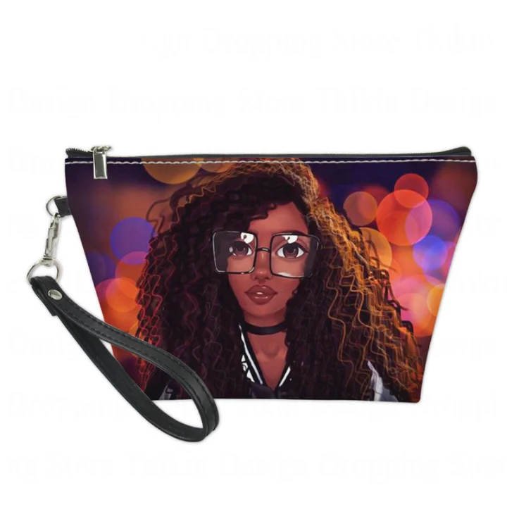 

Women PU Cosmetic Bag African American Black Art Girls Style Big Make Up Pouch Ladies Capacity Kosmetik Wash Kit Bags