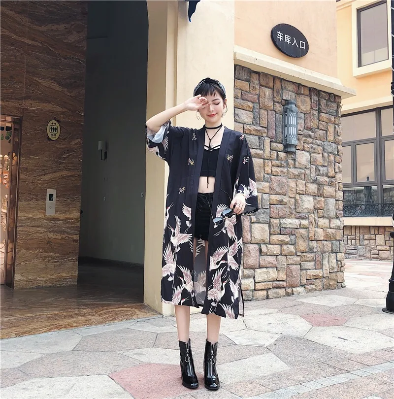 Летняя длинная рубашка женские топы и блузки кимоно кардиган японская уличная