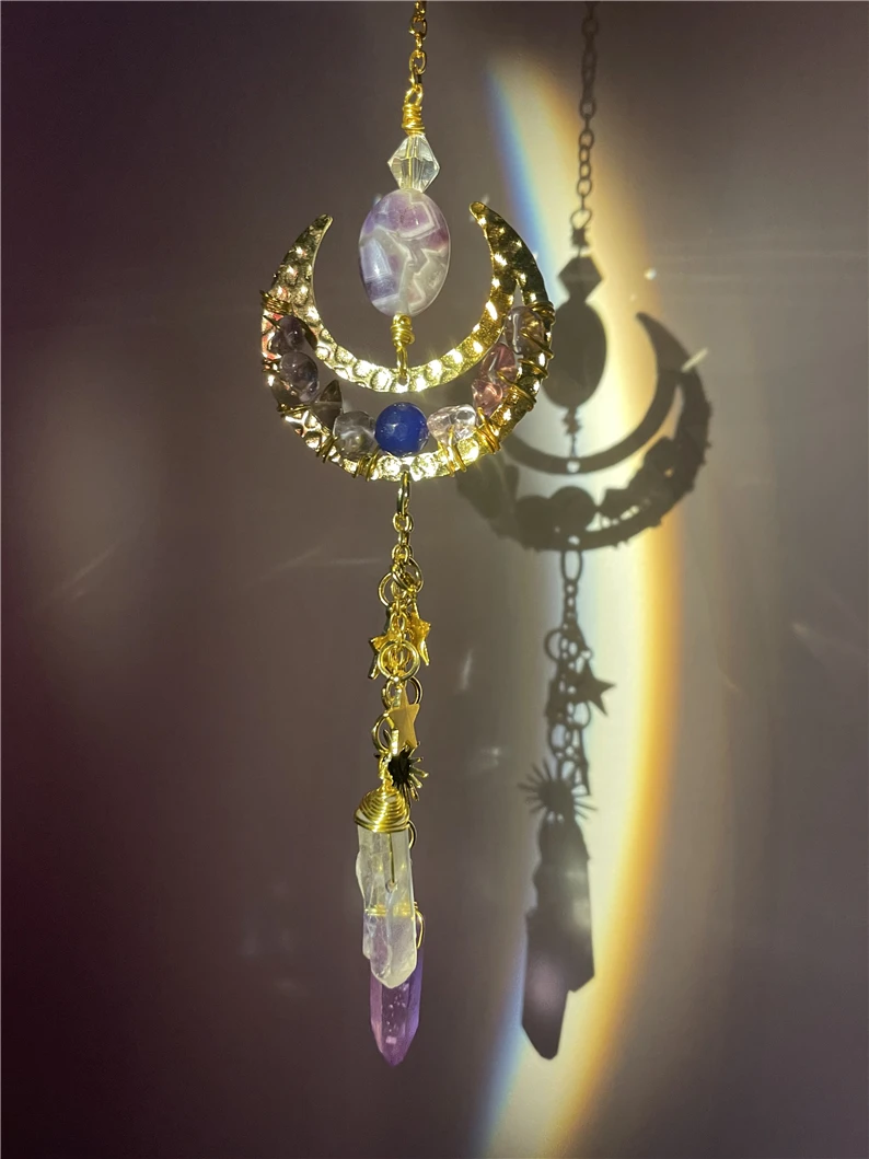 

Handmade Amethyst & Aura Quartz Geometric suncatcher for windows/crystal light catcher/suncatchers prism Angel Aura Quartz Witch