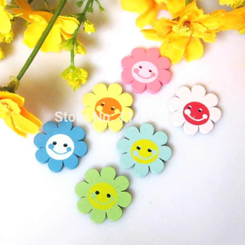 100 шт./лот деревянные пуговицы в форме улыбающегося цветка швейные скрапбукинг