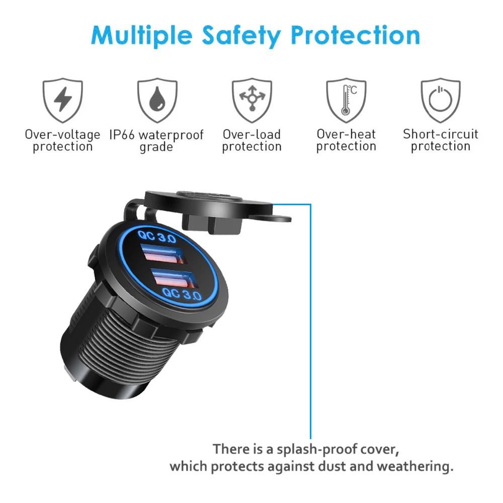 Car Motorcycle Cigarette Lighter Socket QC 3.0 Dual USB Charger 12V-24V Moto Sockets Power Plug Outlet LED | Автомобили и