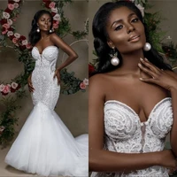 2020 new sexy fashion mermaid wedding dresses sweetheart lace appliques sleeveless tulle sweep train open back plus size formal