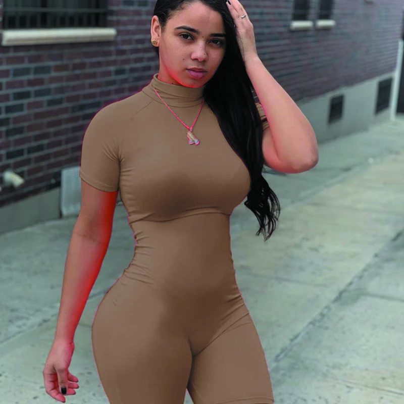 

2021 Women Jumpsuit Solid Color Short Sleeved One Piece Temperament Tight Five Point Shorts Playsuit Sexy Women Jumpsuit Summer