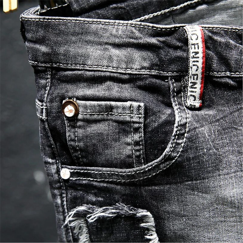 

2021Summer New Men's Black and Gray Ripped Short Jeans Fashion Personality Slim Stretch Length Vintage Cotton Shorts