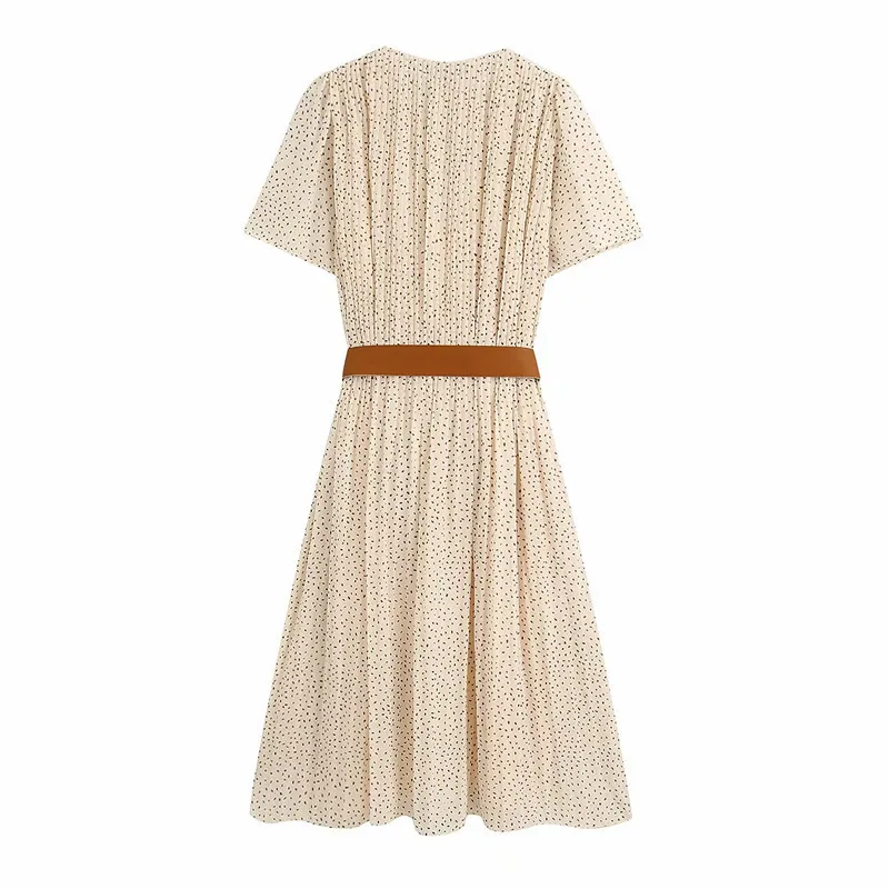 2020 New V-neck Lady Dress Short Sleeve Casual Elegant Apricot Pleated Print Dress Beach Skirt