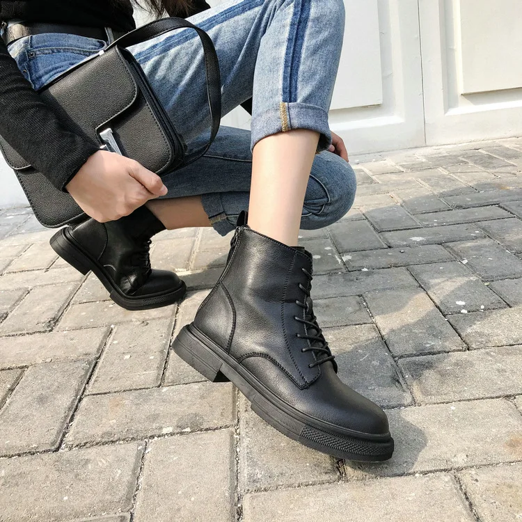 

Black Shoes Women Martin Boots Real Leather Autumn 2019 Cross-tied Fashion Ladies footware Female Ankle Boots Female botas mujer