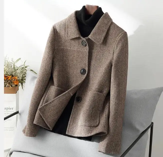 

1pcs/lot Korean woman short Woolen blend coat Autumn Winter wool plaid coat with pocket Women clothing