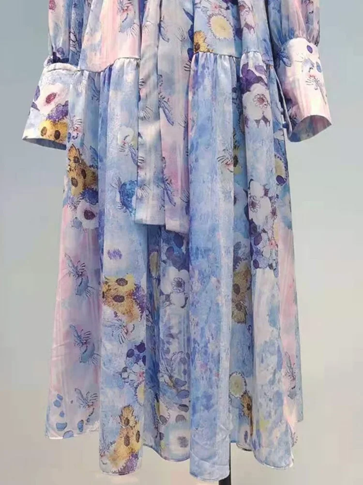 

Catwalk style retro print pleated round neck tie waist loose dress ladies spring new style personality big hem Puff skirt
