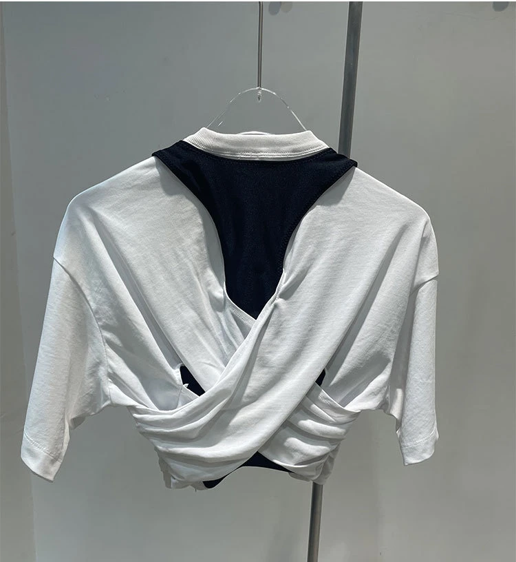 

113144 Autumn New Two Pieces Fashion Classic Letter Printing Black and White Contrast Open Navel Short Sleeve T-Shirt Top A2