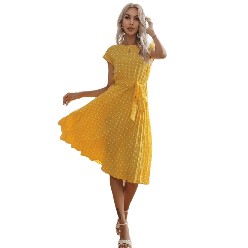 

woman midi dress summer dress Polka dot round neck short-sleeved lace-up dress vestido midi vestidos de fiesta plus size dresses