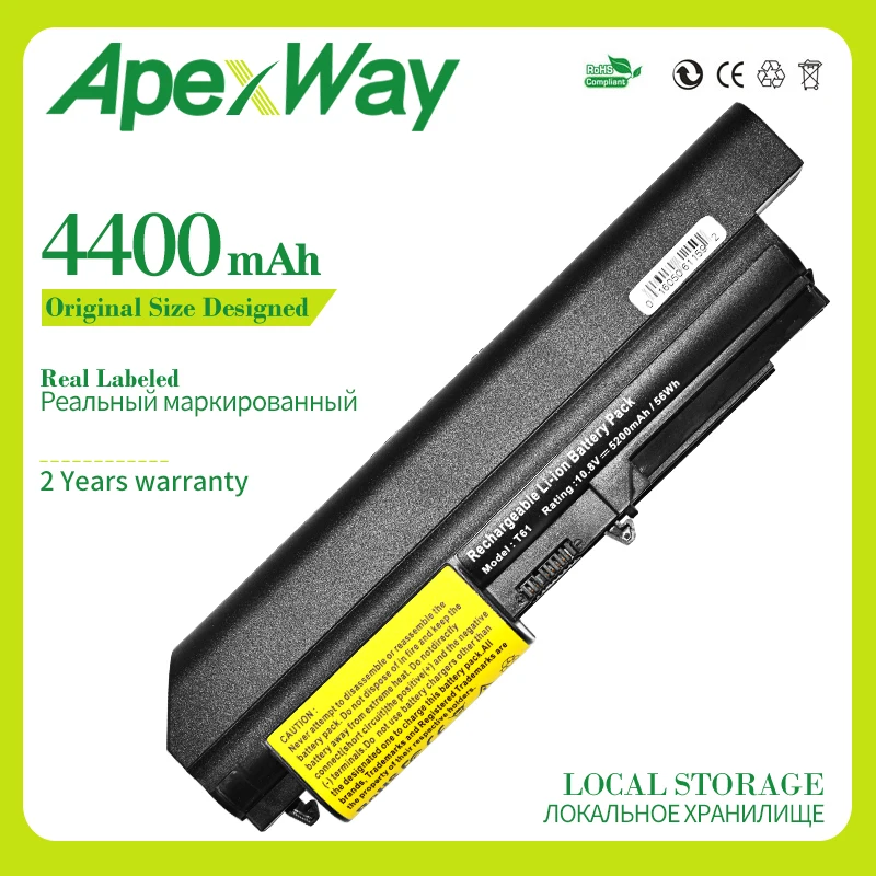 

Аккумулятор Apexway для ноутбуков Lenovo ThinkPad R61, T61, R61i, R61e, R400, T400, 6 ячеек, 4400 мА · ч, 14 дюймов в ширину