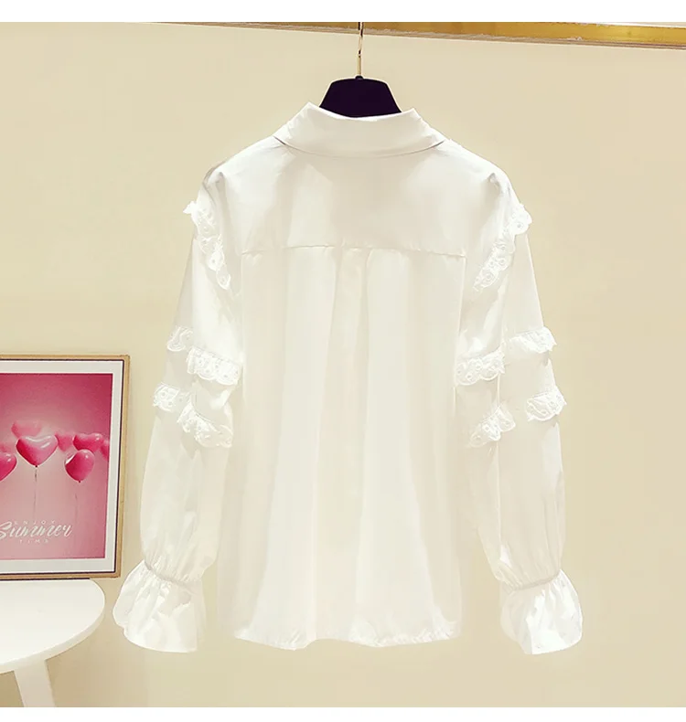 

Women's White Blouse 2021 Spring New Fashion Ruffle Lace Stitching Lapel Bell Sleeve Shirt Casual Blusas Mejuer Bottom Shirt