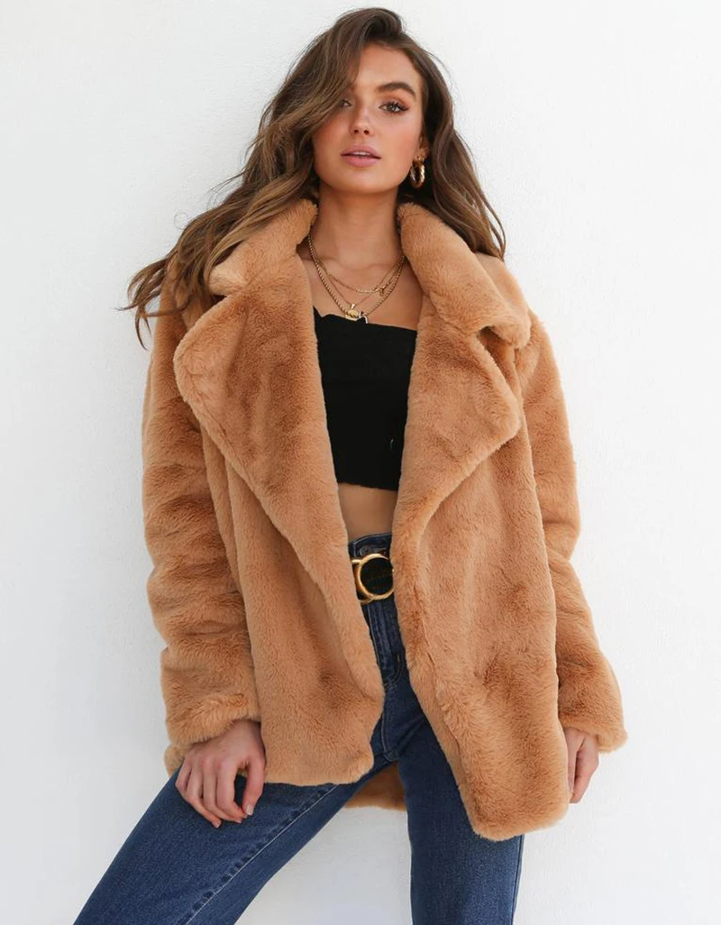 

Winter Coat For Women Plush Open Stitch Outerwear Casual Ladies Classic Lapel Fleece Streetwear Warm Female Clothes
