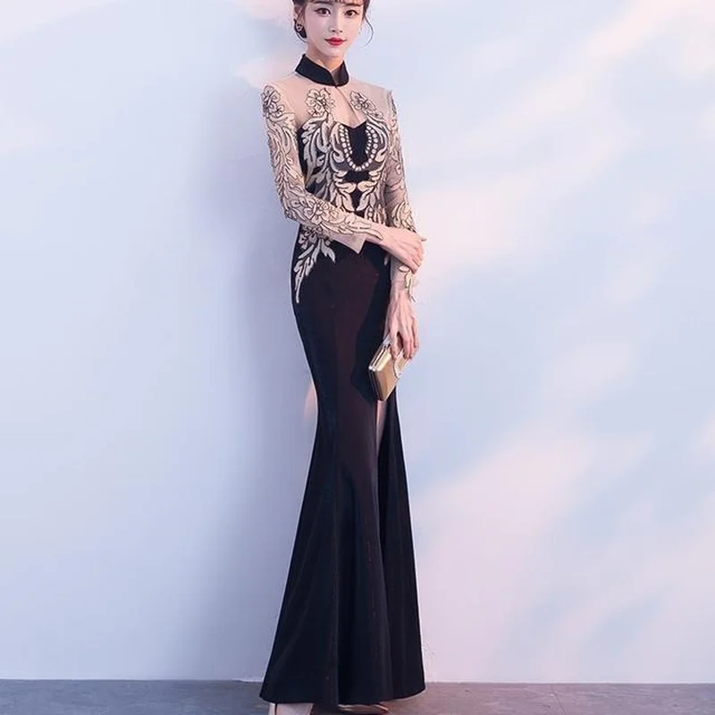 

Red Black Evening Dresses Long Luxury 2021 New Arrival Mermaid Stand Collar Long Sleeve Elegant Formal Gowns Party Dress Y700