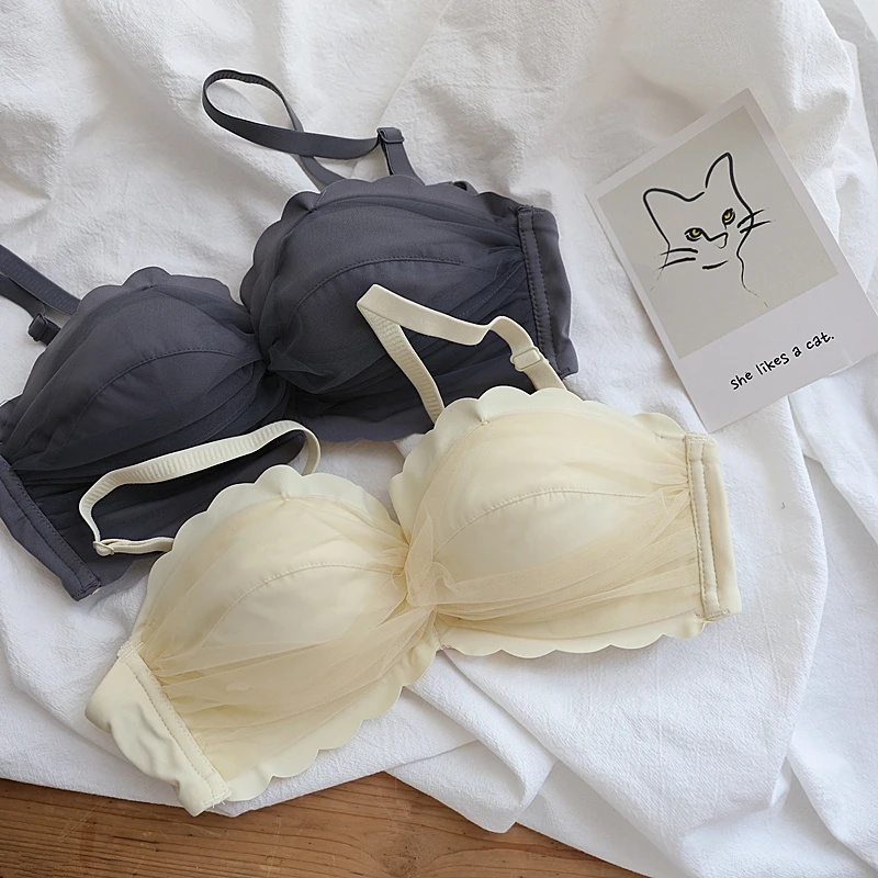 

Wriufred Gradient color mesh small chest underwear half cup seamless no steel ring gathered Lingerie sexy strapless bra set