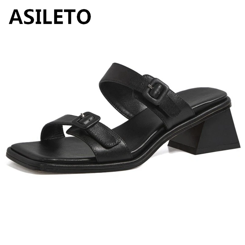 

ASILETO 2021 New Genuine Leather Slippers Slingbacks Belt Buckle Narrow Band Slip On 4.5cm Strange Heel US8 Black White A4295