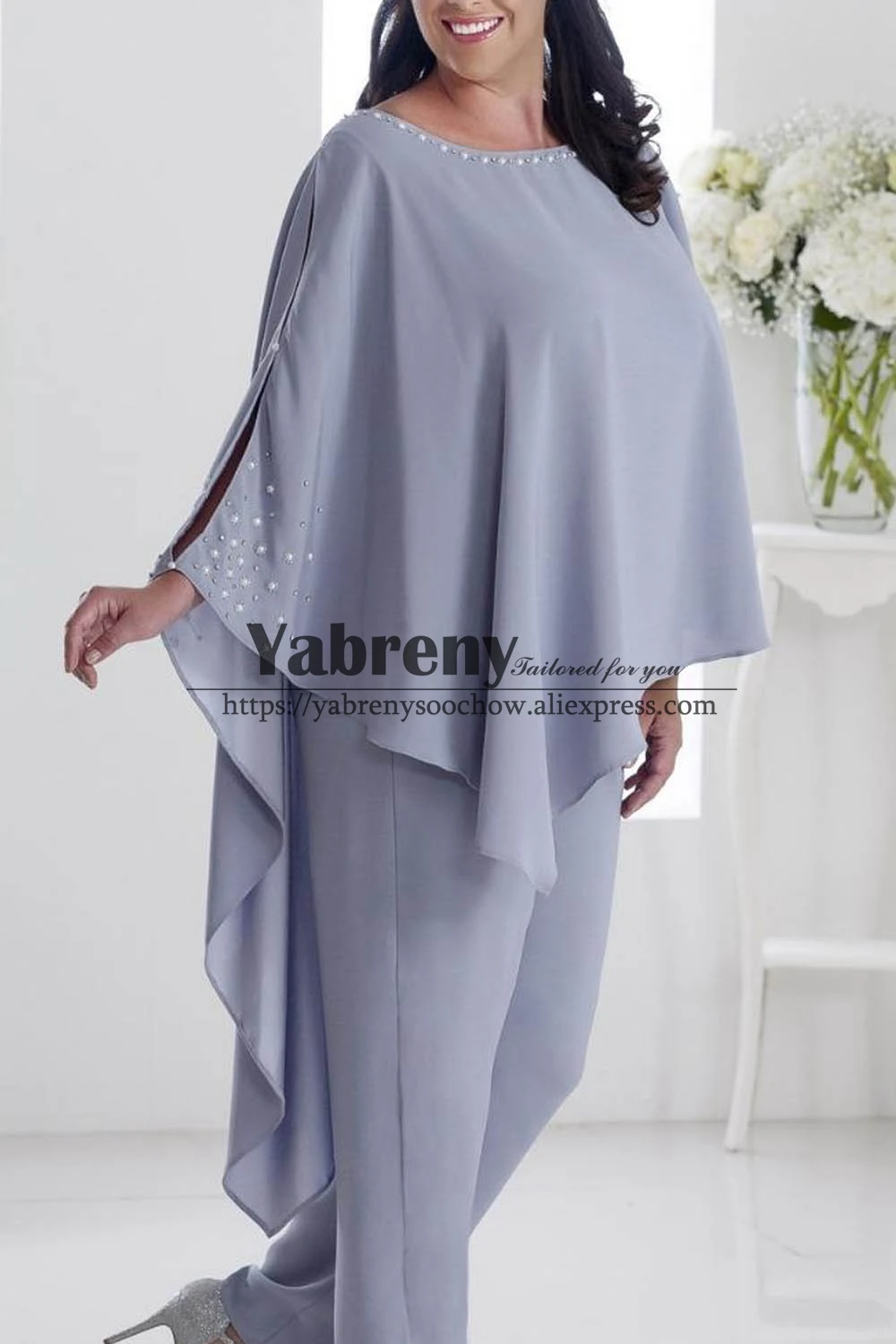 

Plus size Mother of the bride pants suits With Asymmetry Overlay Top