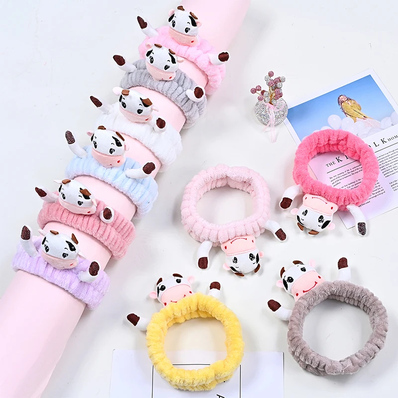 

Japanese Style Kawaii Women Makeup Face Wash Flannel Headband Cute Cartoon Little Cow Hairband Styling Turban Bandana accessorie