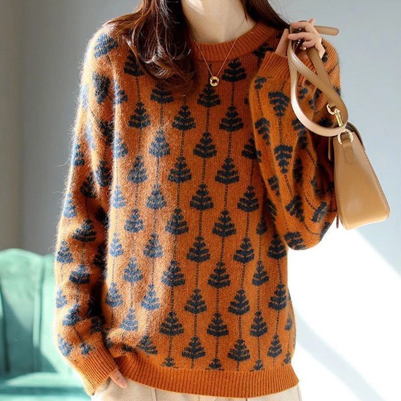 

Leaf Print Knitted Autumn Winter Sweater Women O Neck Casual Pullover and Oversize Cashmere Sweater Knitting Basic Pullovers