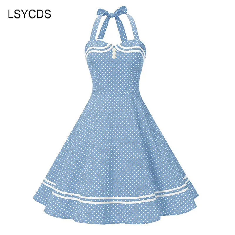 

LSYCDS Vintage Dresses Polka Dots 50s 60s Halter Neck Sleeveless Dress Women Midi Vestidos A-line Sundress Female