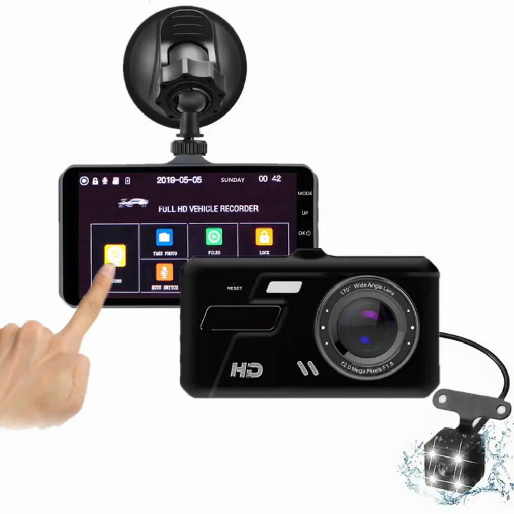 

4'' DVR 1080P Touch Screen Dual Lens Dash Cam Front and Rear Driving Recorder 12 Million Pixels High Resolution Wide Angle Lens