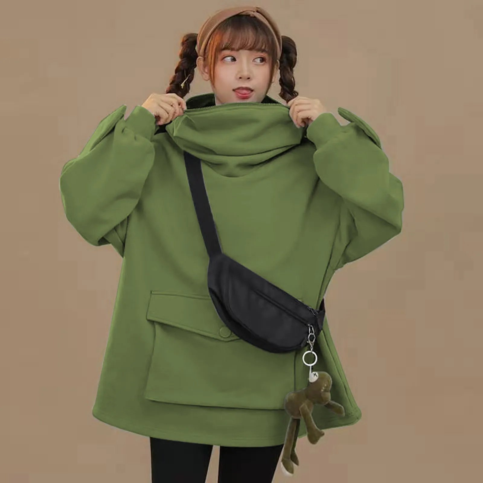 

Harajuku Women Hoodie Frog Pullover Autumn Winter Hooded Casual Sweatshirts Embroidery Loose Top Doll Decoration Pocket Hoodies