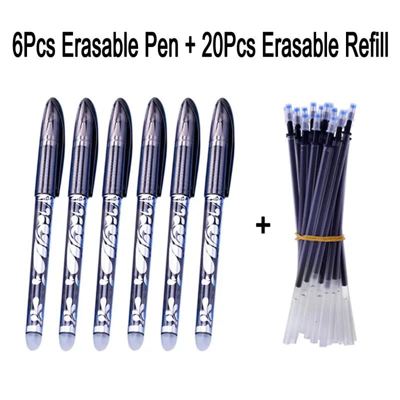 DELVTCH 0.5mm 6+20Pcs/Set Erasable Pen Refill Gel Rod Blue Black Ink School Stationery Office Writing Tool | Канцтовары для офиса