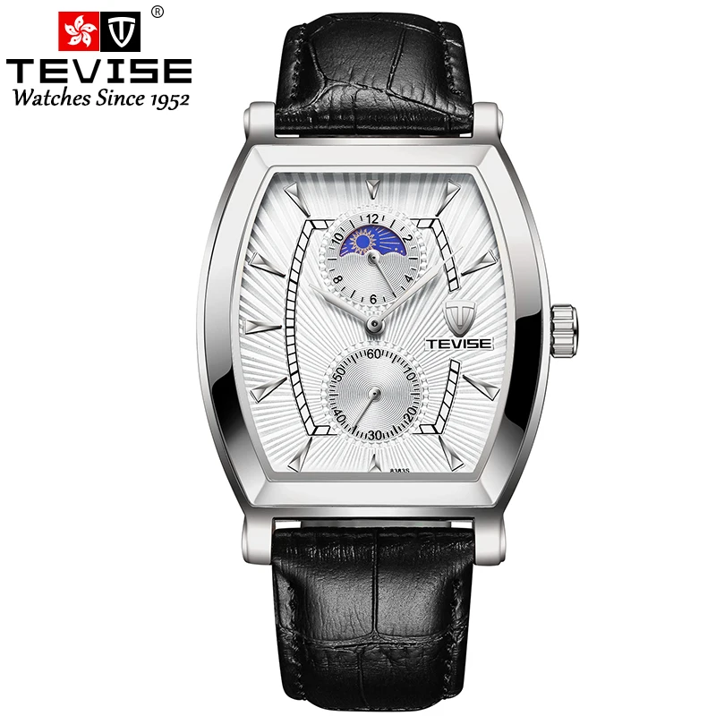 TEVISE 8383S мужские часы Moon Phase настоящие водонепроницаемые кварцевые часы с кожаным ремешком Мужские повседневные наручные часы Relogio Masculino - Цвет: silver white