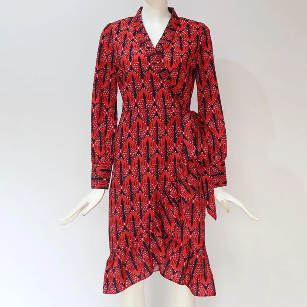 

Women Print Ruffle Sash Irregular Hem Lantern Long Sleeve V Neck Midi Dress